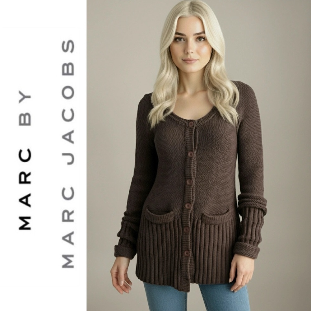 Marc Jacobs Women's Brown Elbow Patches Long Wool Cardigan Sweater Size Small